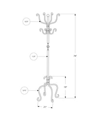 Coat Rack, Hall Tree, Free Standing, 8 Hooks, Entryway, 74"h, Bedroom, Black Metal, Transitional