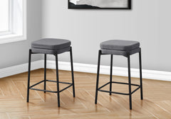 Barstool, Counter Height, Set Of 2, Kitchen, Grey Fabric, Black Metal, Contemporary, Modern
