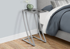 Accent Table, C-shaped, End, Side, Snack, Living Room, Bedroom, Tempered Glass, Grey Metal, Contemporary, Modern