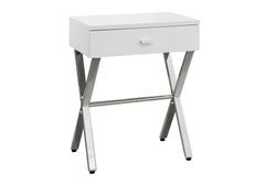 Accent Table, Side, End, Nightstand, Lamp, Storage Drawer, Living Room, Bedroom, Glossy White Laminate, Chrome Metal, Contemporary, Modern