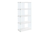 Bookshelf, Bookcase, Etagere, 5 Tier, 60"h, Office, Bedroom, Glossy White Laminate, Clear Tempered Glass, Contemporary, Modern