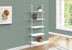 Bookshelf, Bookcase, Etagere, Ladder, 5 Tier, 72"h, Office, Bedroom, White Laminate, White Metal, Contemporary, Modern