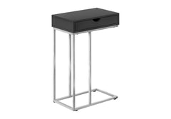 Accent Table, C-shaped, End, Side, Snack, Storage Drawer, Living Room, Bedroom, Black Laminate, Grey Metal, Contemporary, Modern