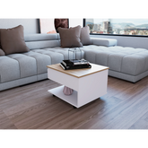 Lift Top Coffee Table, Casters, One Shelf, White / Light Oak