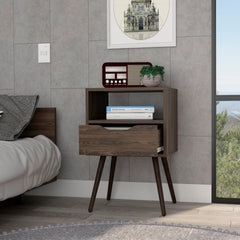 Nightstand 25"H, Superior Top, Four Legs, One Open Shelf, One Drawer, Dark Walnut