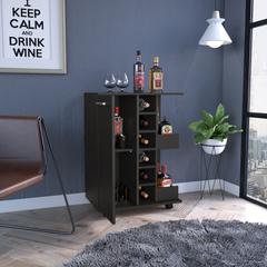 32" H black bar-coffee cart, cabinet storage, with 4 wheels, 1 divided storage with 1 shelf, 1 folding door, a central vertical division for 6 bottles and 2 side shelves with aluminum front