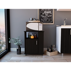 Lower Microwave Pantry 29" H, Single Door Cabinet, One Open Shelf, Three Side Shelves, Black