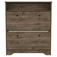 Shoe Rack 46" H, One Open Storage Shelf, Two Internal Storage Drawers, Two Doors, Dark Brown