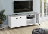 Tv Stand, 60 Inch, Console, Media Entertainment Center, Storage Cabinet, Living Room, Bedroom, White And Grey Laminate, Black Metal, Contemporary, Modern