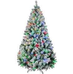 Christmas Trees,Artificial Snow Christmas Trees with Frosted Branches, Warm White or Colorful LED Lights, Steel Base