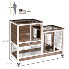 Wooden Rabbit Hutch Elevated Bunny Cage Indoor with Enclosed Run with Wheels, Ramp, Removable Tray , Brown