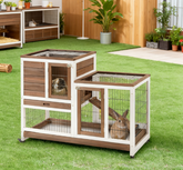 Wooden Rabbit Hutch Elevated Bunny Cage Indoor with Enclosed Run with Wheels, Ramp, Removable Tray , Brown
