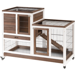 Wooden Rabbit Hutch Elevated Bunny Cage Indoor with Enclosed Run with Wheels, Ramp, Removable Tray , Brown