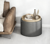 Linen Fabric Upholstered Footstool ,Round Storage Coffee Table with Flip Top Tray,Dark Gray