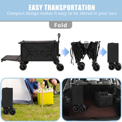 Foldable Wagon with Extended Tailgate, Extra Long Extender Wagon Cart,Beach Wagon Cart Heavy Duty 480LBS with Large All-Terrain Beach Wheels, Black- Gray