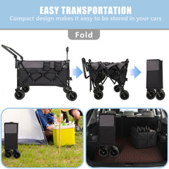 Multi-Functional Push-Pull Folding Wagon Cart with Rotating Handle & 360° All-Terrain Wheels – Heavy-Duty, Adjustable Design, Large Capacity for Transport, Groceries, and Outdoor Use, Black- Gray