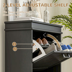 HOMCOM Shoe Cabinet for Entryway, Narrow Shoe Rack Storage Organizer with 2 Flip Drawers and Adjustable Shelves for 10 Pairs of Shoes, Black
