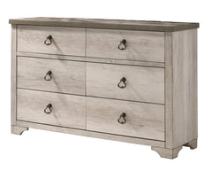 1pc Cottage Style Distressed 6 Drawer Dresser Driftwood Finish Contrasting Weathered Brown Top Traditional Ring Pull Hardware Wooden
