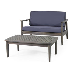 Patio Loveseat and Coffee Table Set, Patio Furniture Set with Cushion, Acacia Wood Frame Conversation Set for Garden, Backyard, Porch and Poolside, Minimalistic Style