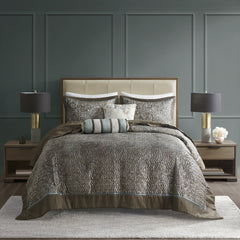 5 Piece Jacquard Bedspread Set with Throw Pillows Blue/Brown Queen