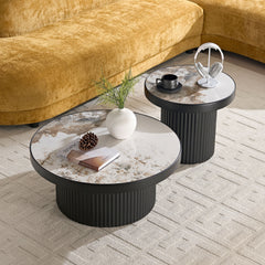 Set of 2 Coffee Table,MDF Round Coffee Table Sintered Stone Tabletop for Living Room Apartment,Leisure Area BLACK