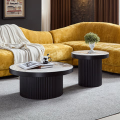 Set of 2 Coffee Table,MDF Round Coffee Table Sintered Stone Tabletop for Living Room Apartment,Leisure Area BLACK