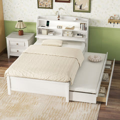 Full Size Wooden LED Platform Bed with Trundle, with Storage Headboard, with Drawers, White