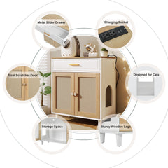 2-Piece Cat Litter Box Enclosure Furniture, 3-IN-1 Hidden Litter Box & Side Cabinet with Scratching Doors, Charging Station, Drawer, Cat Friendly Modern Side Cabinet with Cat Hole