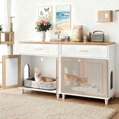2-Piece Cat Litter Box Enclosure Furniture, 3-IN-1 Hidden Litter Box & Side Cabinet with Scratching Doors, Charging Station, Drawer, Cat Friendly Modern Side Cabinet with Cat Hole