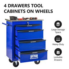 4 Drawers Multifunctional Tool Cart with Wheels,Metal Rolling Tool Cart Storage for Garage Workshop Warehouse Repair Shop--With Stainless Steel Roof- BLACK&BLUE