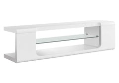 Tv Stand, 60 Inch, Console, Media Entertainment Center, Storage Shelves, Living Room, Bedroom, Glossy White Laminate, Clear Tempered Glass, Contemporary, Modern