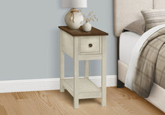 Accent Table, End, Side Table, 2 Tier, Narrow, Bedroom, Lamp, Storage Drawer, Antique White Veneer, Brown Veneer, Transitional