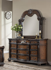 1pc Marble Top 11 Drawers Dresser Intricate Moldings Beautifully Curved Silhouette Antiqued Hardware Coffee Brown Finish Bedroom Solid Wood Furniture