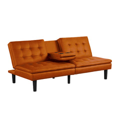 Contemporary Style Futon Sofa Bed Built In USB Chargers Biscuit Tufting Seat And Back Back Seat Drop Down Table With Cup Holder Easily Convert To Bed Orange Finish
