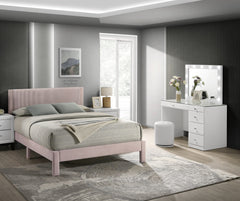 1pc Contemporary Plush Upholstered Headboard Ribbed Texture Low-profile Frame Unobtrusive Legs Youth Kids Twin Platform Bed Pink Bedroom Furniture