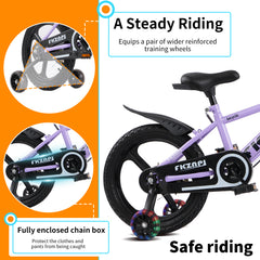 FKZNPJ Kids Bike 16 Inch – High Carbon Steel Frame, Magnesium Alloy Wheels, Training Wheels with Night Glow, Adjustable Seat, Water Bottle – Girls & Boys Bicycle Ages 3-9, Toddler Bike
