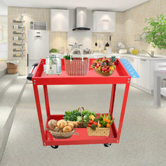 Tool Cart on Wheels, Heavy Duty Steel Utility Cart w/Lockable Wheels, 400 LBS Capacity Industrial Service Cart for Garage, Warehouse, Workshop (Two-layer Bright Red)