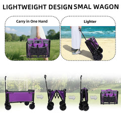 Collapsible Wagon with Wheels - 3 in 1 Lightweight Utility Camping Wagons Carts Foldable with 220lbs Weight Capacity, Cup Holders, for Pet Riding, Groceries, Camping, Shopping (Purple)