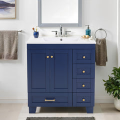 30" Blue Bathroom Vanity with Ceramic Sink - Soft-Close Drawers, Solid Wood Frame, Multi-Organizer Storage ,76x47x85cm