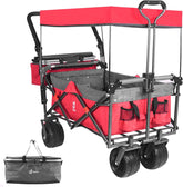 Collapsible Wagon 140L Wagons Carts Foldable with Removable Canopy, Folding Wagon Cart with Wheels for All-Terrain with Brake, Foldable Wagon with Cooler Bag, for Camping Beach Shopping