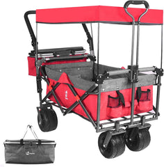 Collapsible Wagon 140L Wagons Carts Foldable with Removable Canopy, Folding Wagon Cart with Wheels for All-Terrain with Brake, Foldable Wagon with Cooler Bag, for Camping Beach Shopping
