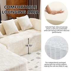Beige chenille L-shaped compressed sofa that goes well with any living room. It features high-elastic sponge for a comfortable sitting feel, curved armrests and four throw pillows.