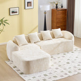 Beige chenille L-shaped compressed sofa that goes well with any living room. It features high-elastic sponge for a comfortable sitting feel, curved armrests and four throw pillows.