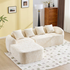 Beige chenille L-shaped compressed sofa that goes well with any living room. It features high-elastic sponge for a comfortable sitting feel, curved armrests and four throw pillows.