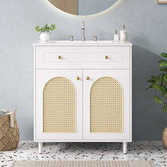 30" Bathroom Vanity with Ceramic Sink, Solid Wood Frame Bathroom Sink Cabinet with Adjustable Shelf, Tip-Drawer, Rattan Front Panels