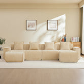Streamlined Design Modular 4 Seat U Shape Sectional Boneless Sofa with French Edge Piping, No Assembly Required,4-Seat Sofa Couch with Throw Pillows and 2 Movable Ottomans, Velvet Fabric Light Camel