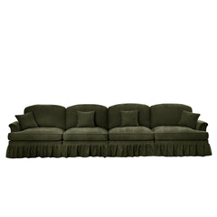 Elegant Mid Century Large 4 Seater Sofa Couch with Flared Arms and Removable Ruffles Pleats Skirts and Spindle Legs, Comfy Chenille Four-Seat Sofa for Living Room, Green