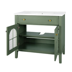 35.6" Mid-Century Bathroom Vanity Sink with Patterned Glass & Motion-sensor Light Strip, Farmhouse Freestanding Bathroom Vanity Sink with Storage, High-end Restroom Vanity Cabinet,Green