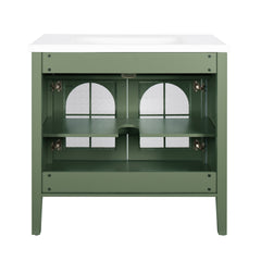 35.6" Mid-Century Bathroom Vanity Sink with Patterned Glass & Motion-sensor Light Strip, Farmhouse Freestanding Bathroom Vanity Sink with Storage, High-end Restroom Vanity Cabinet,Green