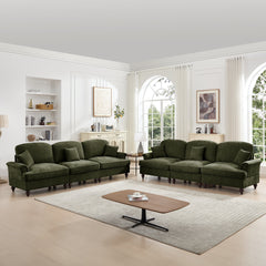 Classic Sleeper Sofa Couch with Flared Arms and Removable Ruffles Pleats Skirts and Spindle Legs, Comfy Modular Sectional Chenille Deep Seat Cloud Sofa Couch with 3 Movable Ottomans,Green